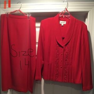 2 piece red long skirt 4 button top